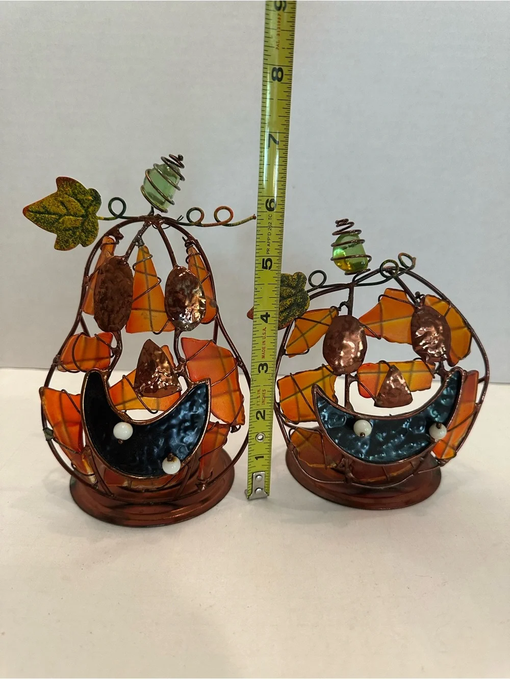 Autumn Harvest Metal Wire Wrapped Stained Glass Pumpkin Pair Jack O Lantern